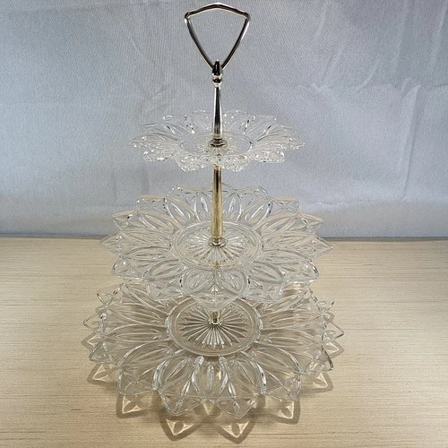 VINTAGE FEDERAL PETAL GLASS 3-TIERED TRAY GLASS DESSERT STAND 13.5” X 11”