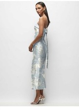 Alfred Sung Blue White Floral Satin Strapless Sheath Bow Back Split Midi 6