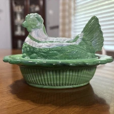 Mosser Green and White Slag Glass Hen On Nest Covered Candy Dish
