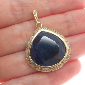 Authentic 925 Sterling Silver Gold Plated SMK Real Diamond & Sapphire Gem Teardrop Pendant