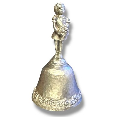 VTG Rawcliffe Pewter Miniature Bell w Girl & Flower Basket 1980 Signed P. Davis