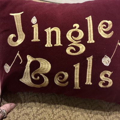 Velvet Maroon & Gold Christmas W/ Jingle Bells Throw Pillow 18 X12 