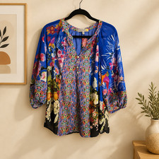 Anthropologie Fig and Flower Boho Mixed Floral Bird Print Blouse Tunic MED 3/4