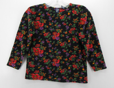 VINTAGE Gap Top Women Small Black Terry Cloth Shirt Ditsy Floral