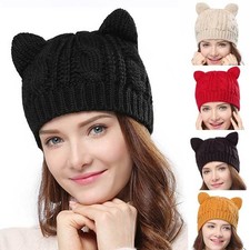 Hand Made 3D Cute Knitted Cat Ear Beanie For ...