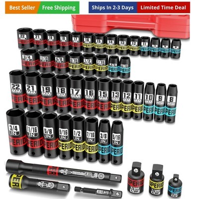 50 Piece 3/8'' Drive Impact Socket Set, SAE 5/16''-3/4'' and Metric 7 mm-19 mm, ...