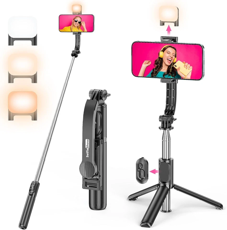 Trípode Selfie Stick con Luz de Relleno, Palo Selfie Extensible Todo en Uno con... Foto 2 de 4