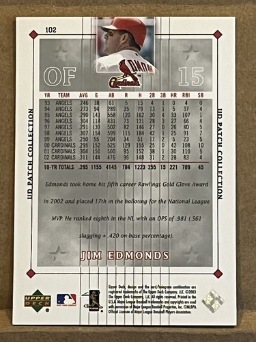 2003 UPPER DECK UD PATCH COLLECTION - JIM EDMONDS CARDINALS #102 - 第 2/2 張圖片
