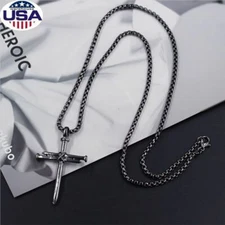 24'' Stainless Steel Men Jesus Christ Nail Cross Crucifix Pendant Necklace Chain