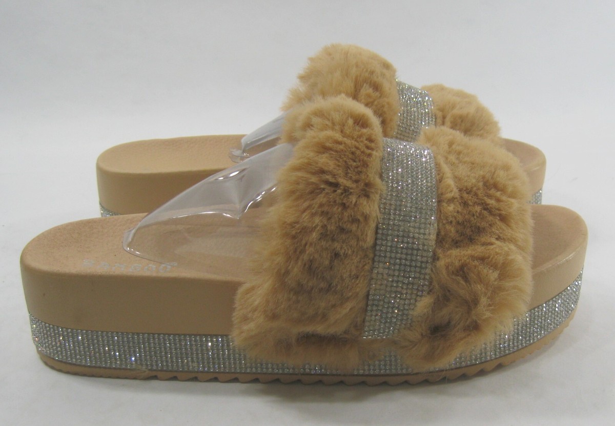 Womens Slippers Bamboo Fluffy Slippers Rhinestone Bamboo Fur