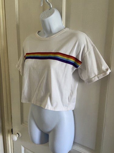 NEW LOOK T-Shirt Short White UK 6 Rainbow Chest Stripe Short Sleeve Festival - Picture 4 of 8