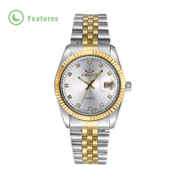 Reloj de pulsera de cuarzo para hombre y mujer, de lujo, acero inoxidable con cristales, luminoso, con fecha 5