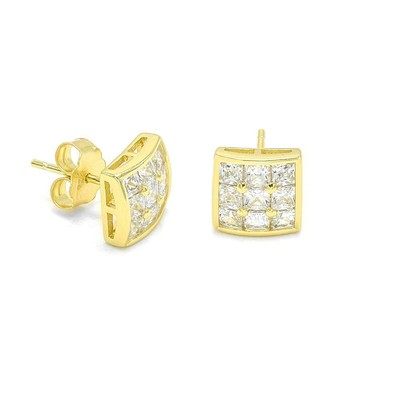 Mens Womens Square Shaped Cubic Zirconia Micro Pave CZ Kite Stud Earrings 14K Gold Plated 925 Sterling Silver 11MM