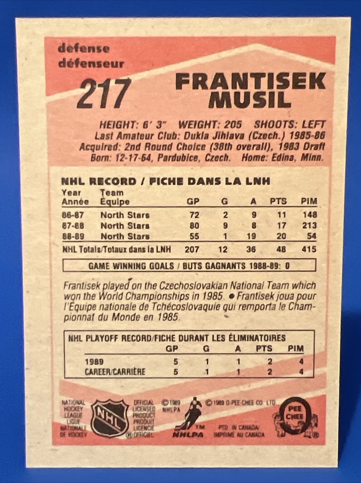 1989-90 O-Pee-Chee Frantisek Musil Rookie Card #217 Minnesota North Stars RC - Image 2 of 2