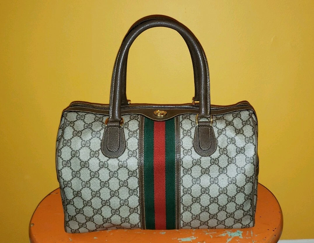 Gucci Speedy Satchel Boston Bag Brown Leather + Monogram Canvas Web 1970s  at 1stDibs