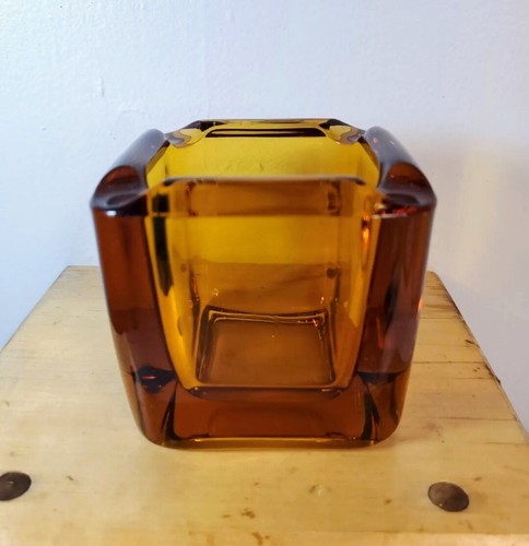 Solid Amber Glass Cigar Cigarette Ashtray Square Heavy 3" X 3" - Picture 5 of 6
