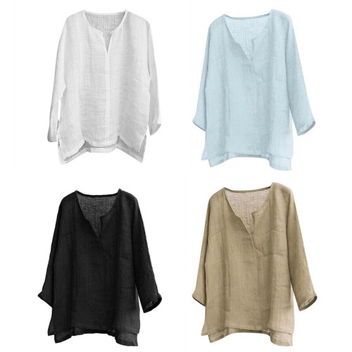 Mens Cotton Linen V Neck T Shirt Long Sleeve Blouse Casual Loose Tops Tee Summer - Picture 7 of 12