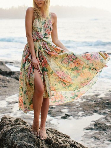Elegante abito vestito morbido lungo boho bohemian hippie beige fiori 5079  | eBay