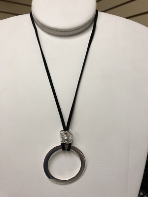 GOOD LUCK(HEALTH)  Silver plated Black suede Return To BIG O Tag Charm Necklace 