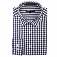 Marquis Signature Gingham Checked Modern Fit Long Sleeve Shirt Navy 2XL 18-18.5