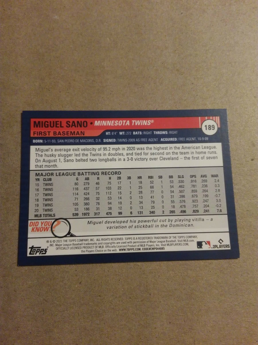 MIGUEL SANO 2021 TOPPS B/L ORANGE BORDER #189 FREE SHIPPING | eBay