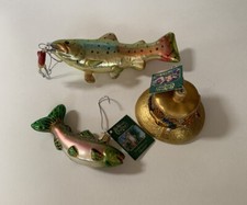 Old World Christmas Ornament Lot Fishing RAINBOW TROUT FISHERMAN  S HAT Glass