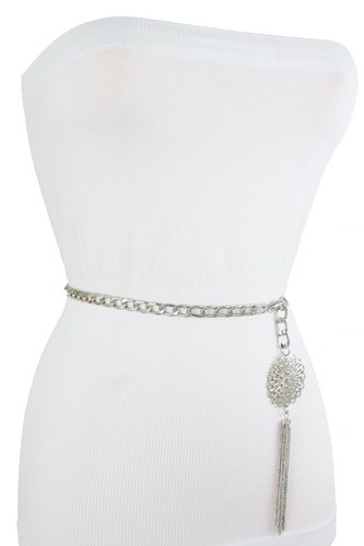 Women Belt Hip High Waist Silver Metal Chains Fringe Tassel Flower Size M L XL - Picture 4 of 12