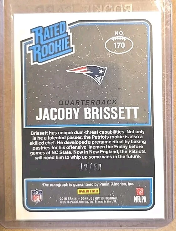 JACOBY BRISSETT 2016 OPTIC RATED ROOKIE AUTOGRAPH RED PARALLEL /50 AUTO PATRIOTS - Image 2 of 2