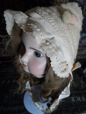 ANTIQUE AMAZING Wool  FEATHER STITCHED INFANT BONNET With TIES FOR BABY DOLL
