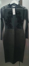 Rare Fashion Mesh Top Bodycon Midi Dress Black Velvet Floral Embossed UK10 EU38