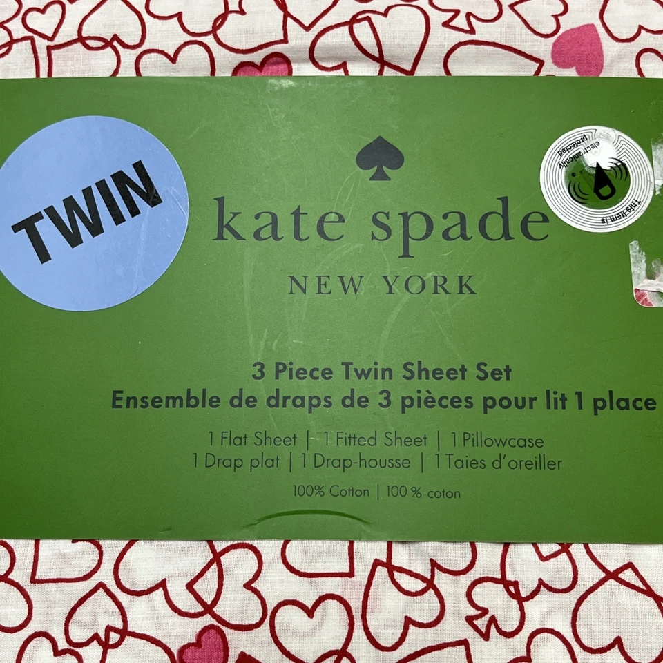 Kate Spade Twin Sheet Set Pink Red Outline Heart 3 Pc Cotton Love Valentine Day - Image 3 of 4