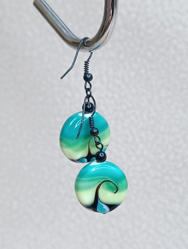 Lampwork Glass Dangle Earrings Blue Green Yellow Black Hardware Dot & Swirl - Picture 13 of 24
