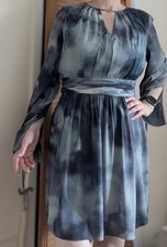 Fig & Basil blue grey chiffon dress | long sleeve | boho V-neck Size 14