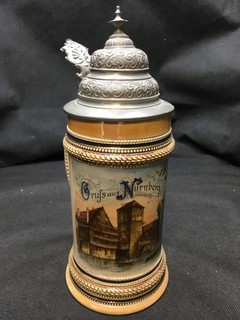 Vintage German Grufs Nurnberg Stein Pewter Lid W/ Gruner Brau AG Brewery Tokens