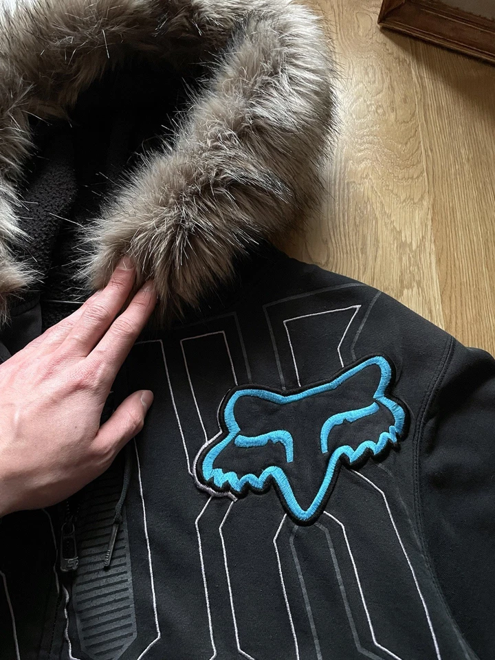 Винтажная толстовка с капюшоном Y2K Fox Racing из меха на молнии If Six Was Nine стиль LGB размер L выцветшая - Изображение 4 из 4