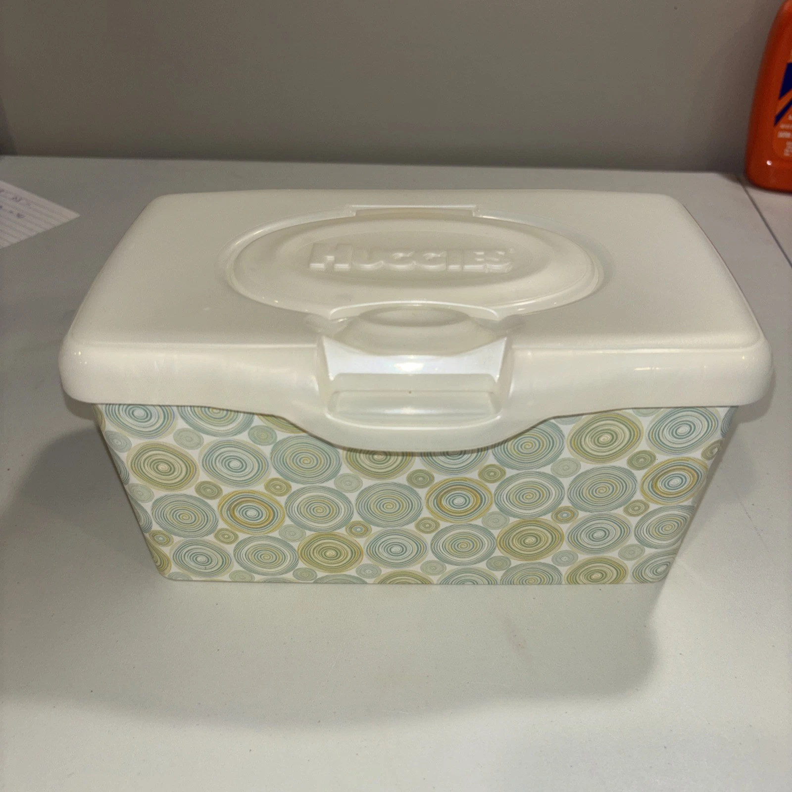 Huggies EMPTY Baby Wipes Blue Green Geometric Circles Dispenser Container