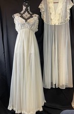 Vtg Val Mode 2-Pc Peignoir Ivory Nylon Chiffon Lace Bodice Nightgown  Sheer S