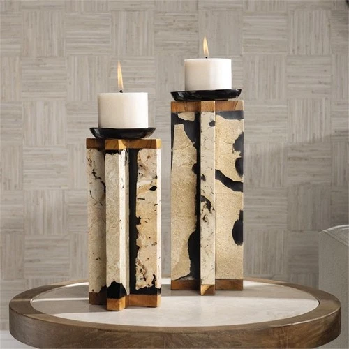 Uttermost Illini Wood Stone and Resin Candleholder in White and Black (Set of 2) - Picture 4 of 4