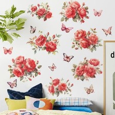 Pink Peony Flower Wall Decals Peel and Stick Rose Leaf Botanical 03-red Flower