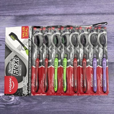 8 Pack Colgate Super Flexi Charcoal Toothbrush Medium Purple, Green, Red