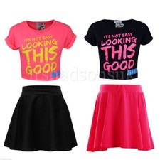 New Girls ITS NOT EASY LOOKING THIS GOOD Glitter Crop Top T Shirt Skater Skirt