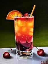 Dipinto Di Una Tequila Con Ciliegie, Olio Su Cartone Telqto 24x30,Valuto Offerte