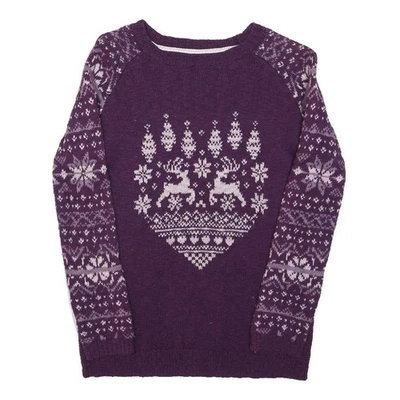 FATFACE Fille 12Y Pull Jumper Violet Motif Fair Isle Tricot Épais Col Rond - Photo 1/4