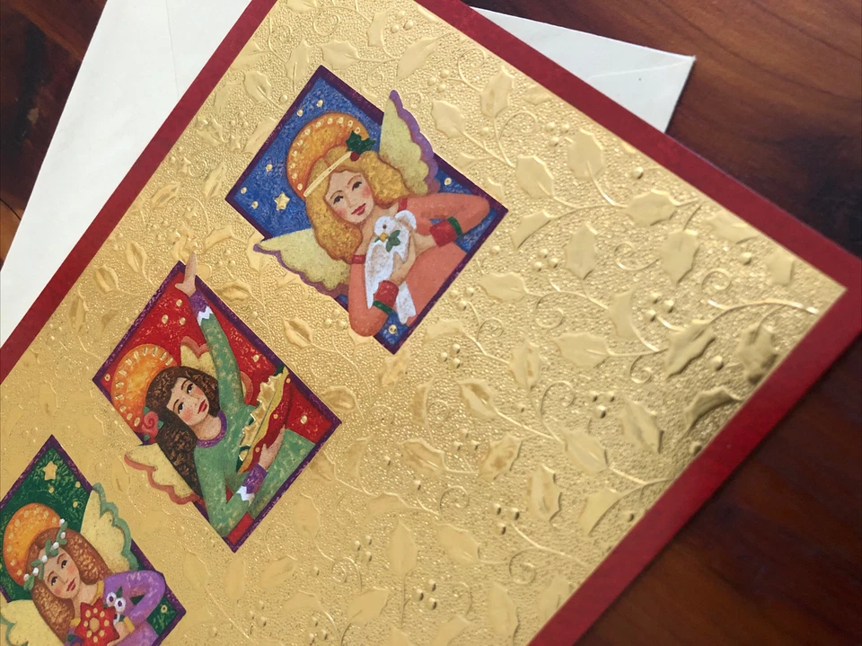 10 Vintage Paper Magic Holiday Christmas Cards & Envelopes Gold Embossed Angels - Image 3 of 4