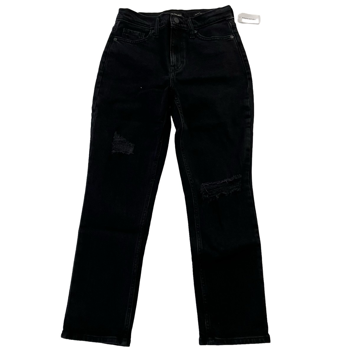 Banana Republic Women Straight Ankle Jean Black Ripped High Rise 25 Petite