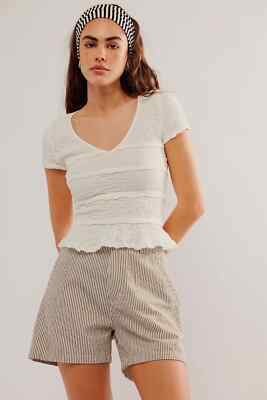 Free People Krystal Textured V-Neck T-Shirt  Size XL Ivory Slim Fit New