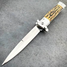 9" Classic Italian Style Stiletto Folding Spring Assisted Open Pocket Knife Stag
