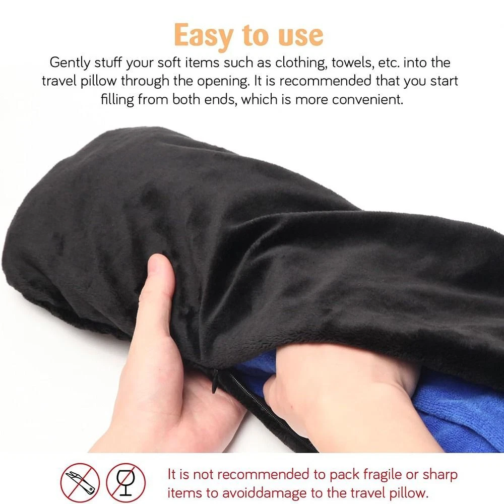 Velvet Stuffable Travel Neck Pillow with Hidden Storage Compartment