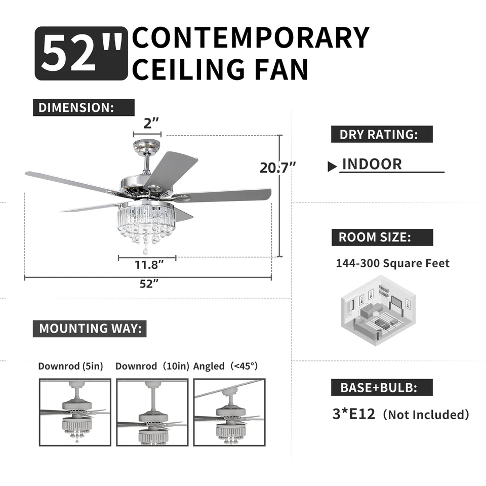52 Inch Ceiling Fan with Light & Remote Bedroom Modern Crystal Fan Light Chrome - Image 2 of 4
