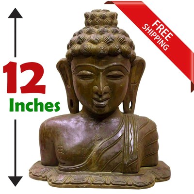 12'' Wooden Lord Buddha Statue Hand Carved Head Bust Wood Figurine Art Large USA